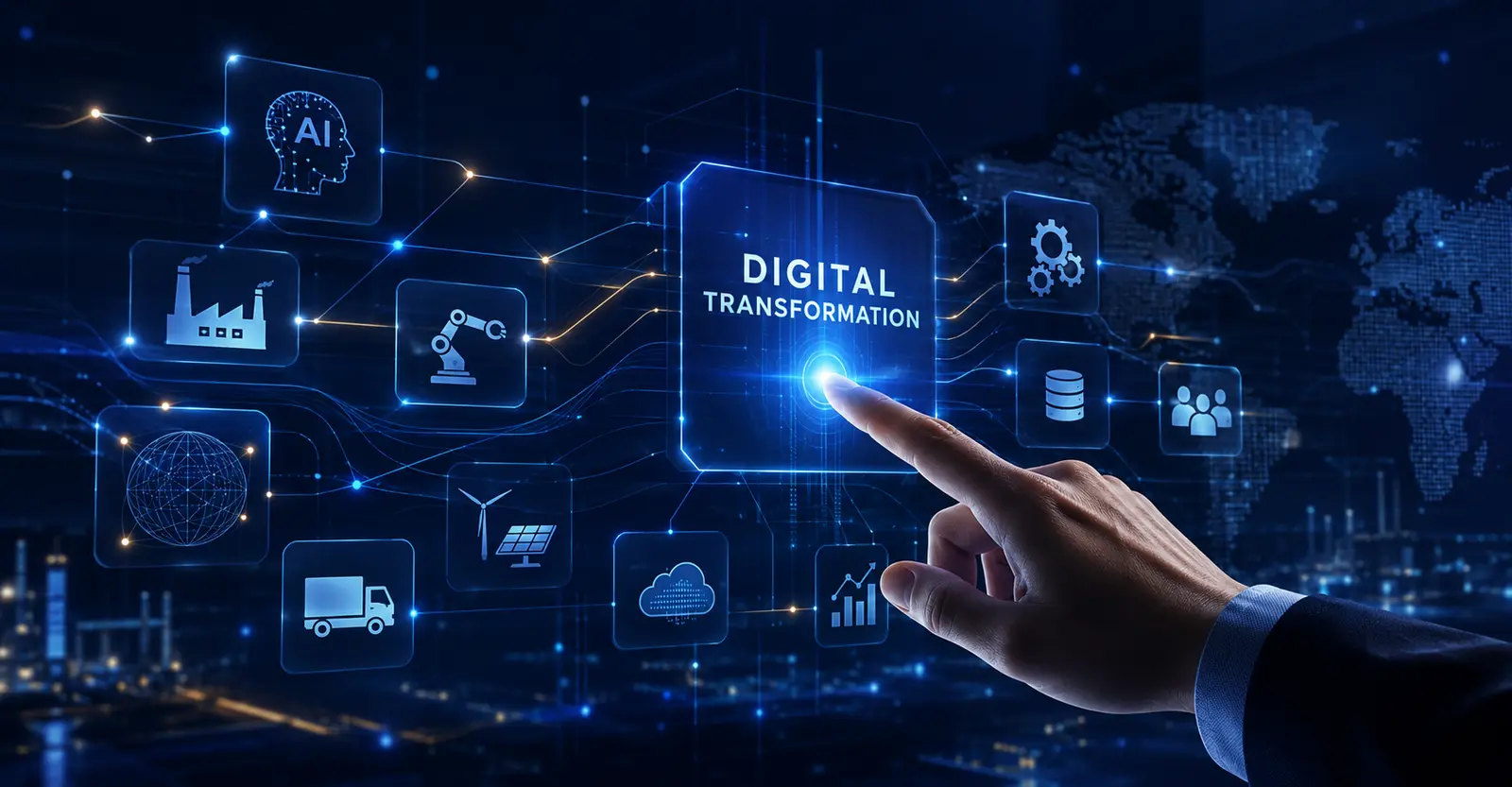 Digital transformation connecting artificial intelligence, industry, logistics, energy and global operations