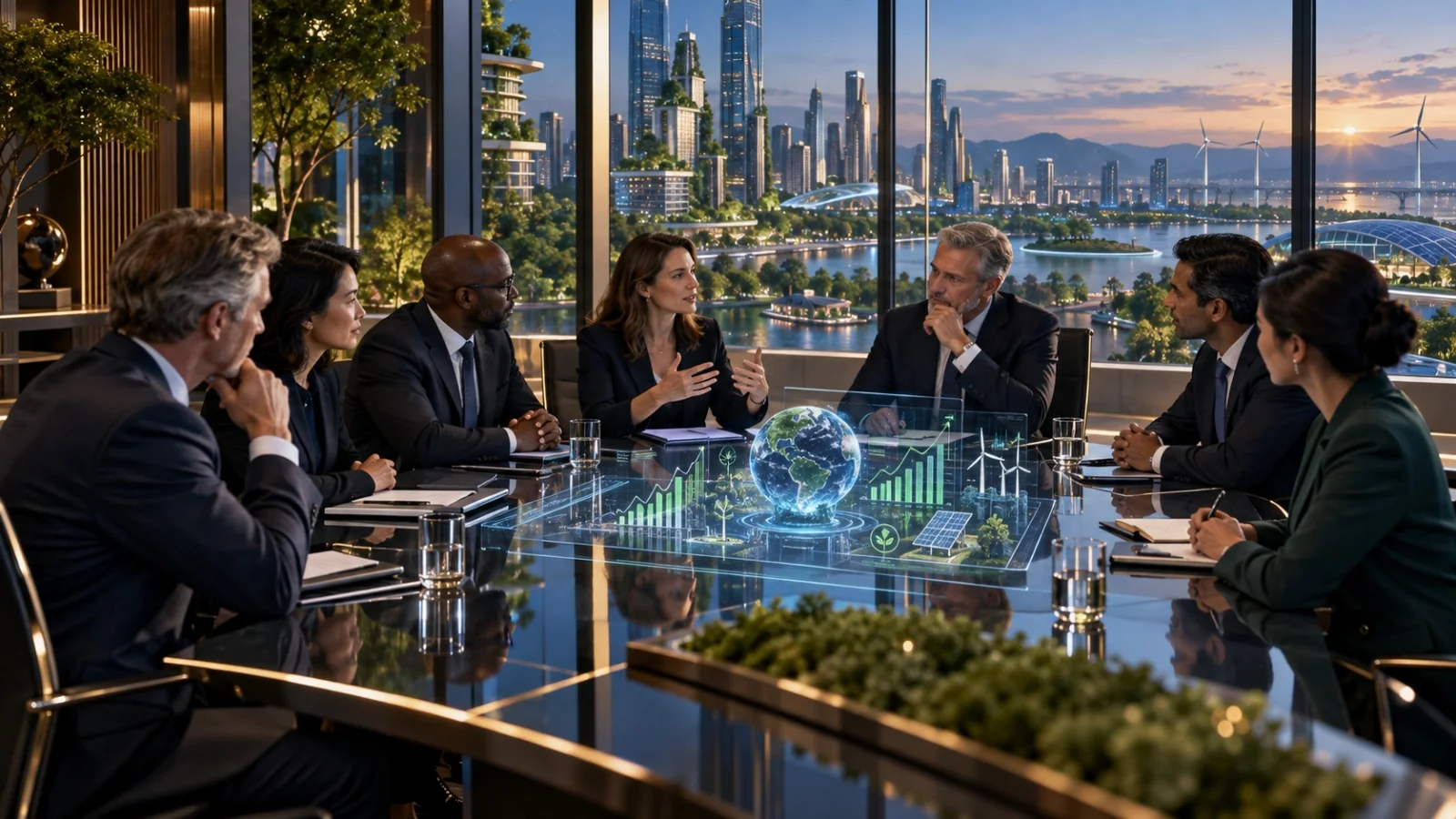A multicultural leadership team around a boardroom table reviewing a holographic sustainability presentation, with a green city skyline beyond the glass